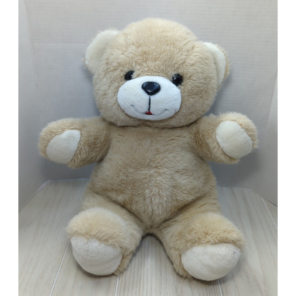TB trading‎ co Plush tan cream teddy bear vintage Taiwan red mouth plastic nose